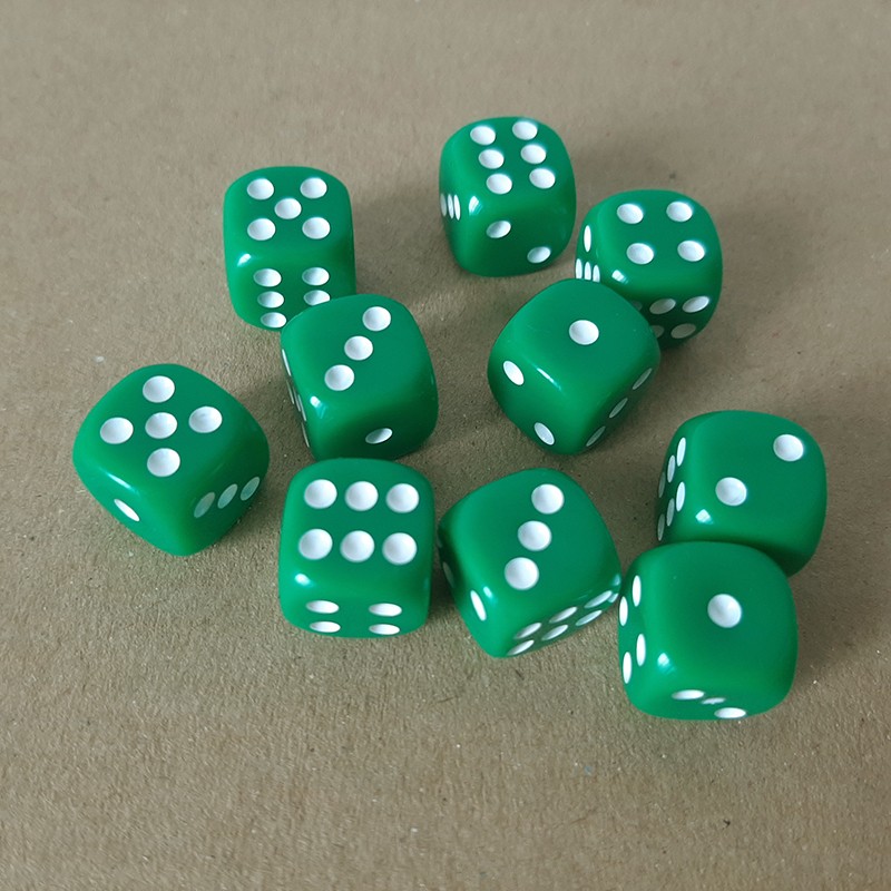 Set of 10 green six sided dice